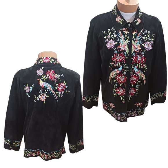 Vintage Size Large Avanti Womens Suede Jacket Leather Black Floral Embroidered - Picture 1 of 16